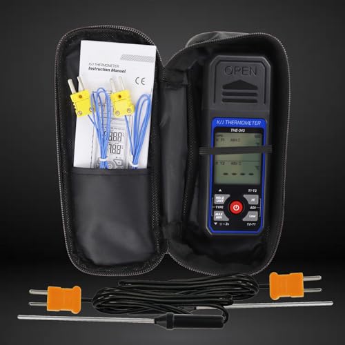 Thermocouple Thermometer Digital K/J Type with 4 K Type Thermocouple, HVAC Thermometer with Alarm & Adj Compensation, Temperature Meter -328°F ~ 2501°F Measuring Range