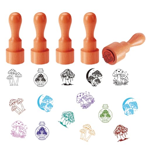 AHANDMAKER 5 Styles Egg Stamps, Cartoon Mushroom Pattern Mini Wooden Rubber Stamp for Fresh Eggs Unique Designs Egg Drawing Stamps for Eggs Famers and Chicken Owners Scrapbooking Card(No Ink Include) - style: Mushroom