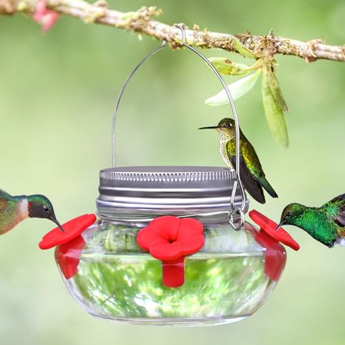 Hummingbird Feeders for Outdoors Hanging, Mason Jar Humming Bird Feeder | Glass Hummingbird Feeder for Outside with 4 Silicone Flower Feeding Ports, Top Fill Leak Proof Easy to Clean and Refill