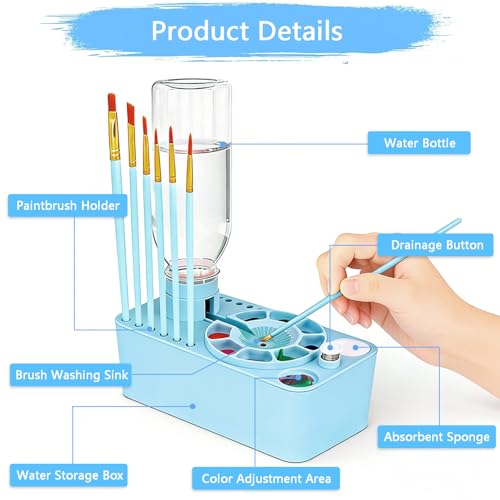 Paint Brush Cleaner Tool,Painting Running Water Circulation Art Supplies,with Brushes,Colors Paint,Watercolor Paper,Paint Station Creative Gift for Kids Girls Adult Artist Beginners - color: Blue