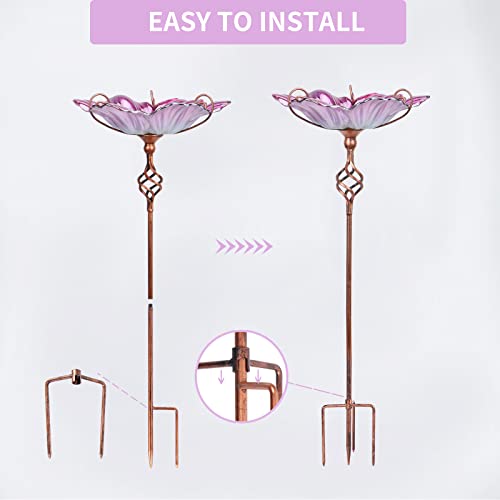 Glass Birdbath Birdfeeder with Metal Stake Garden Yard Outdoor Pink | 31inch height stain glass bird bath for outside,pink flower bird bath bowl,attract wild birds and beautify outdoor gardens - color: Pink+Yellow