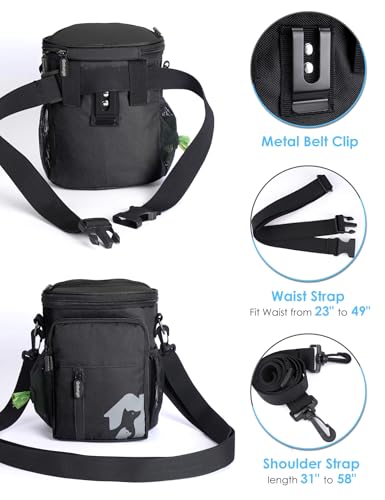 8 Cup Dog Treat Pouch with Training Clicker(Full Black) | 3 Ways to Wear/ Built-in Poop Bag Dispenser/ Zipper Front Pocket Phone Friendly Treat Bag for Pet Training & Walking - color: Full Black