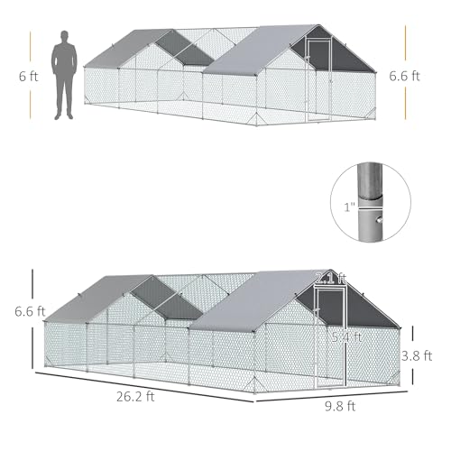 PawHut Large Chicken Coop Metal Chicken Run with Waterproof and Anti-UV Cover, Spire Shaped Walk in Fence Cage Hen House for Outdoor and Yard Farm Use, 1" Tube Diameter, 9.8' x 26.2' x 6.6' | Metal Chicken Run, Lockable Door, Spire Shaped Walk in Hen Hous