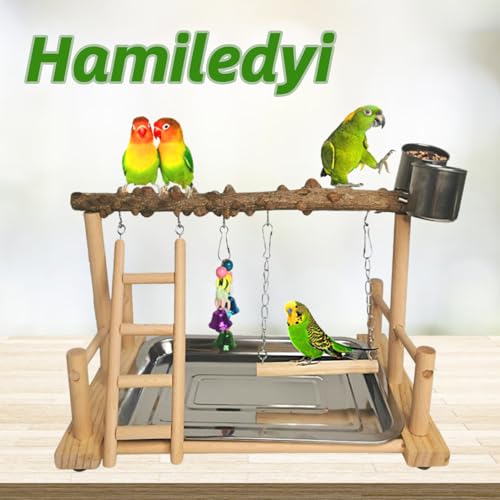 Hamiledyi Parrot Playground Bird Playstand Wood Exercise Play Perch Exercise Gym with Feeder Cups Toys Cockatiel with Ladder Hanging Swing for Pet Conure Lovebirds Life Activity Center Training Stand