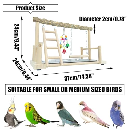 PINVNBY Bird Playground Parrot Playstand Birds Play Stand Wood Exercise Perch Gym Stand Playpen Ladder with Feeder Cups Hanging Swing Toys for Parakeet Conure Cockatiel Budgie Cage Accessories - size: One Floor With Ladder