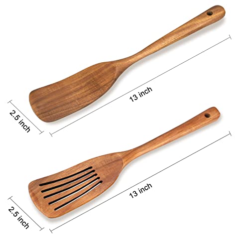 Non Toxic Wooden Spatulas for Kitchen Utensil Set Acacia Wood Cooking Spoon | Flat Wok Pancake Spatula Slotted Turner Bamboo Spoon for Cooking Utensil Spurtle Scraper Long Fish Egg Flipper Spatulas - color: 2Pcs-Natural