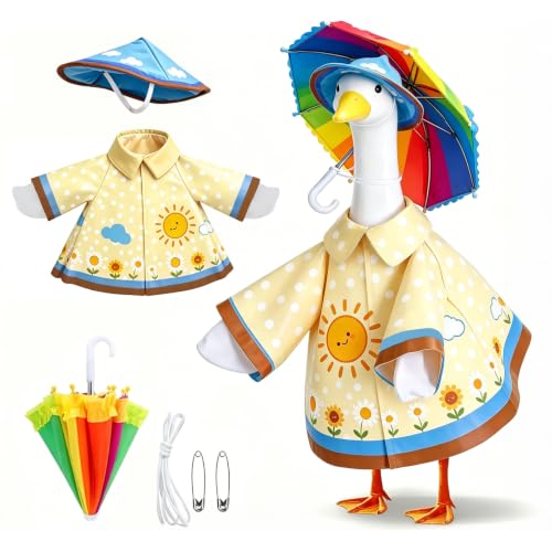 3 Pcs Raincoat Summer Porch Goose Outfits Fits 23” Goose Statue Decoration | Cute Costume for Outdoor Garden Lawn Yard Decor with Raincoats Umbrella Hat Outfit - color: Sun and White Clouds