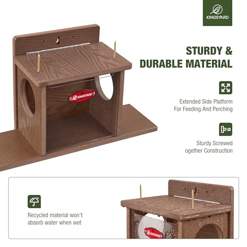 Kingsyard Squirrel Feeder Box for Outside, Recycled Plastic Squirrel Feeder Box with Corn Cob Holders, Easy to Refill & Clean, Weather-Proof (Brown) | Recycled Plastic, Corn Cob Holders, Extended Side Platform, Easy to Refill & Clean, Weatherproof Roof, B