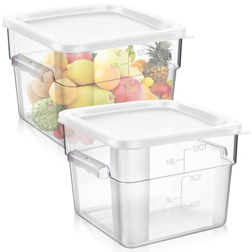 FoldTier 2 Pieces Square Food Storage Containers Polycarbonate Clear food Container with Lid Commercial Storage with Graduations for Commercial Kitchen Dough Marinating Meat(White,12 Qt) - color: White, size: 12 Qt