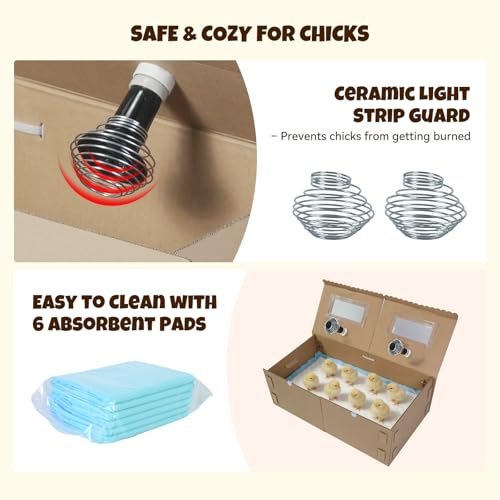AsFrost 33" Extra Large Chick Brooder Box for 40 Chicks, Dual 75W No-Light Ceramic Heat Lamps, Adjustable Thermostat, 6 Waterproof Pads, Poultry Brooder for Quail, Rabbits & Reptiles