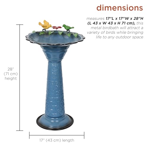 Alpine Corporation ORS112BL Vintage Metal Pedestal Birdbath with Stand, Shallow Bird Bath Bowl for Outside, 28" H, Blue - color: Blue