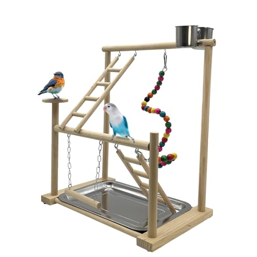 Parrots Playground, Bird Play Gym Wood Perch Stand Colours Revolving Climb Ladders Swing Chewing Toys with Parakeet Feeding Cups Exercise Activity Center for Conure Cockatiel Lovebirds(Include a Tray)