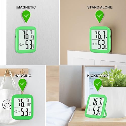 2 Pack Room Thermometer Indoor Hygrometer | Monitor Temperature & Humidity, Accurate, Fast Read, Easy To View, Magnetic/Kickstand/Hanging, ℉/℃, w/ Battery, Compact - color: 2 Pcs* Natural Green