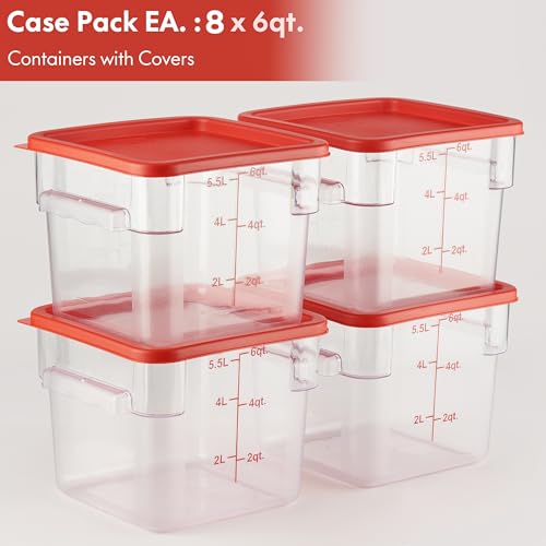 8-Pack 6 Qt NSF Clear Polycarbonate Food Storage Containers with Red Lids - Square, Commercial-Grade, Freezer & Dishwasher Safe, Stackable - color: 6.0 Qt 8-Pack(Red Lids)