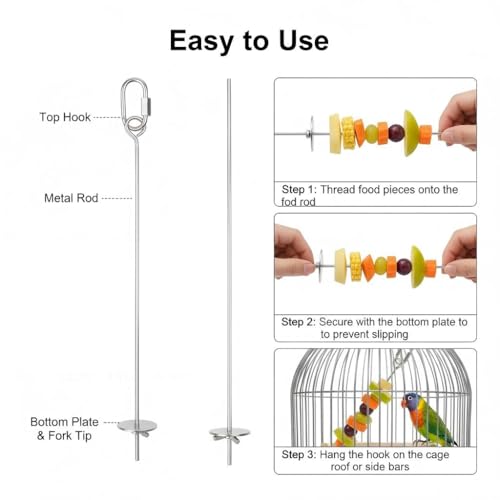 3P Stainless Steel Bird Cage Food Holder & Foraging Toy for Parakeets, Budgies, Macaws - Fruit & Vegetable Skewer Feeder