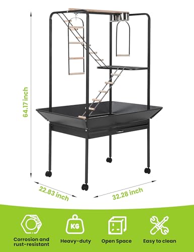 64 Inch Birdcage Stand with Wheels, Indoor Outdoor Parrot Playstand with Bowls,Perches and Ladders, Lockable Caster, for Macaw, African Grey, Cockatoo, Parakeet