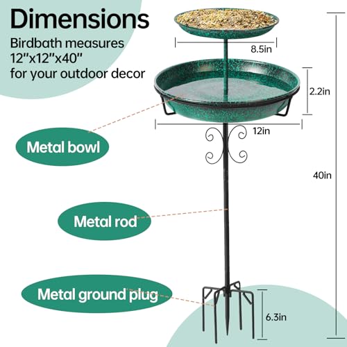 Bird Bath for Outside, 40 Inch Freestanding Birdbaths for Outdoors, Double Metal Bird Bath Feeder Bowls with Upgraded 5-Pronged Base for Garden Patio Yard Lawn Decor