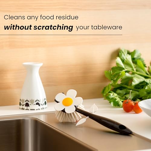 Vigar Flower Power Dish Brush with Handle and Vase Holder - White, Black | Flower-Shaped, Scrub Brush for Dishes, Dishwashing Brush, Kitchen Scrub Brush, Pot Scrubber, Kitchen Essentials - color: White
