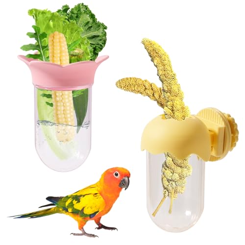 2PCS Vegetable Bird Cage Feeder, Millet Holder for Bird Cage, Veggie & Fruit Parakeet Holder Cup with Water Storage to Keep Green for Cockatiels, Budgies, Lovebirds