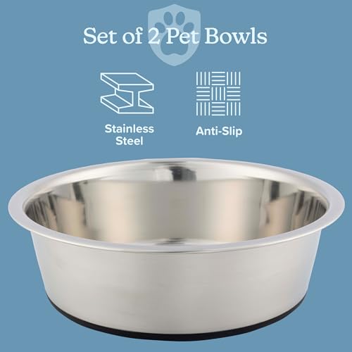 Set of 2 Stainless Steel Dog Bowls - 64oz/8 Cups Food and Water Bowls for Dogs and Cats - Non Slip Metal Pet Dishes for Medium to Large Sized Pets - Puppy Essentials by PETMAKER