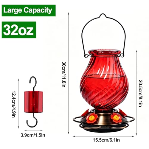 32oz Large Glass Hummingbird Feeders for Outdoors Hanging,Large Capacity Red Hummingbird Feeder with Built-in Ant Moat,Glass Humming Bird Feeder,Gifts for Mom Dad,Outside Garden Décor - color: Red-A
