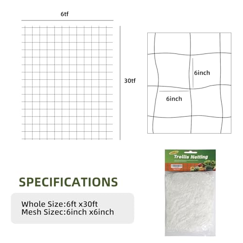Heavy Duty Garden Trellis Netting, 6 x 30 ft, White, Rectangular, Reusable, Supports Vine Vegetables Fruits Flowers, Ideal for Vertical Horizontal Gardening - size: 6x30ft - 2 Pack