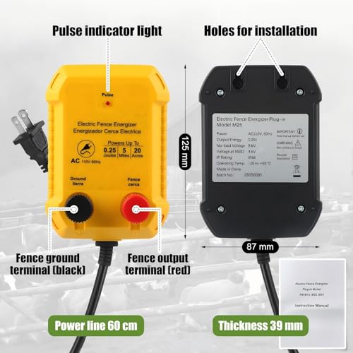 Electric Fence Charger Set 5 Mile 110VAC 0.25 Joule Electric Plug in Fence to Contain Chickens Pet Poultry 50 Black Insulator and 1 Socket Tool 250ft Aluminum Wire for Garden Pond Protection - style: 0.25 Joule