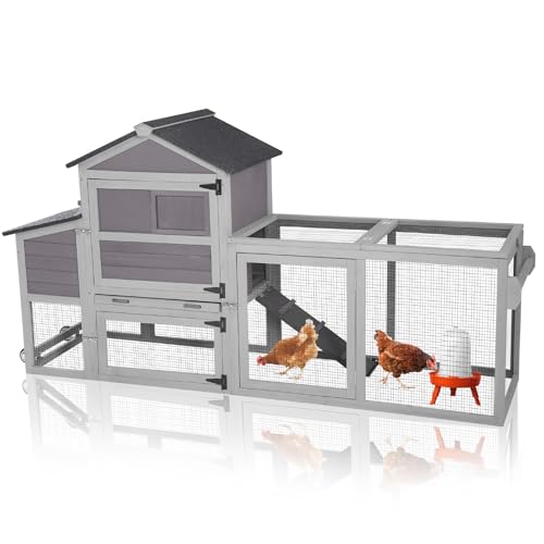 GUTINNEEN Mobile Chicken Coop with Wheels for 2-4 Chickens, Expandable Wooden Hen House with Divided Nesting Box, Reinforced Coop Balcony, Roosting Perch, Metal Pull-Out Tray, 82.4" L (Brown) - color: Grey, size: 80.7"L x 22.0"W x 44.1"H