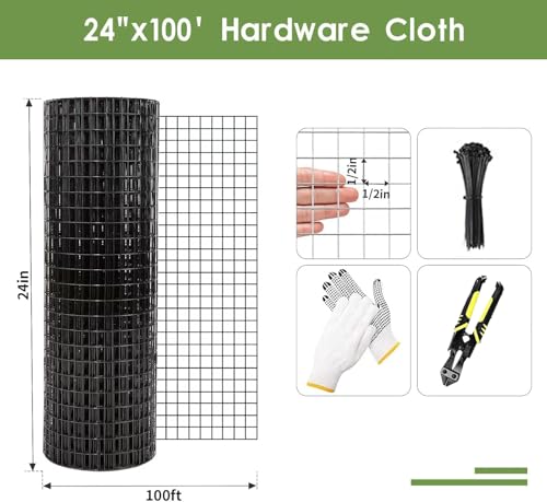 Tongmo Black Hardware Cloth, 1/2 inch 48'' x 100'Chicken Wire Fence, 19 Gauge Vinyl Coated Welded Cage Wire Mesh Roll Supports Poultry Netting Cage Garden Fence