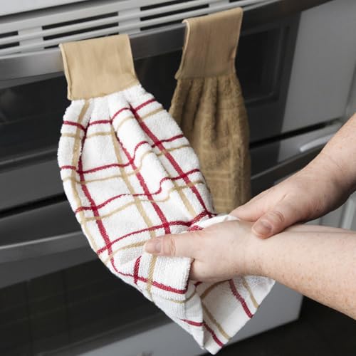 Ritz Premium 100% Cotton Solid and Multi Check Kitchen Tie Towel, Absorbent, Super Soft, and Fast Drying Hang Towel, Set of Two, Biscotti - color: Biscotti, size: Solid & Multi Check - 2 Piece