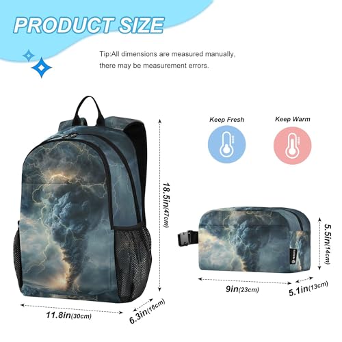 Lightning Tornado Grey Backpack with Lunch Bag, School Travel Backpack for Teens Boys Girls Backpacks Set - color: Grey and Brown