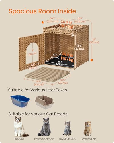 Feandrea Cat Litter Box Enclosure, Handwoven Rattan Hidden Furniture | Extra Mat, Removable Washable Tray, Boho Cat House, End Table, Goose Yellow UPCL024YE01 - color: Goose Yellow, size: S (20.7"L x 20.7"W x 22"H)