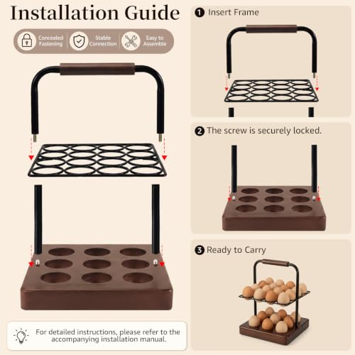 Farmhouse Wooden Egg Holder Countertop, 2-Tier Walnut Wood & Metal Egg Rack with Handles for 25 Fresh Eggs, Rustic Egg Tray Organizer for Kitchen Counter, Holds Eggs Farm Fresh Storage