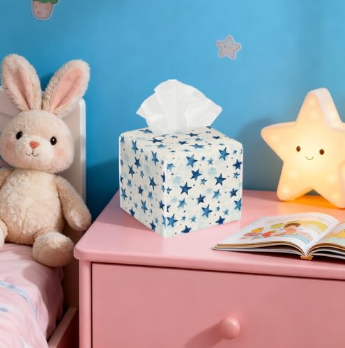 Watercolor Star Tissue Box Cover, PU Leather Holder with Blue Star Pattern for Living Room/Bathroom/Bedroom/Kitchen, Gift for Housewarming & Style-Focused Homeowners - color: White Decoration Theme-03