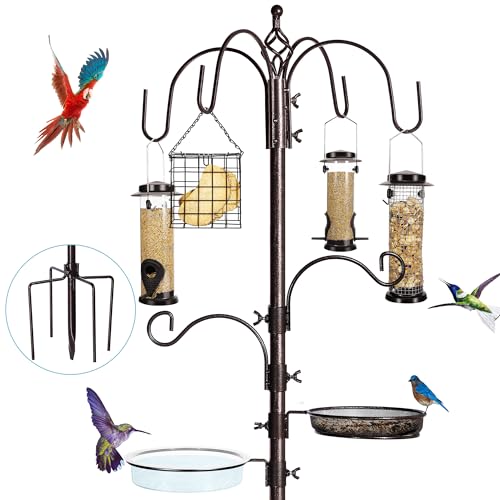 YINGYM 6-Hook Bird Feeding Station, 94 Inch Bird Feeder Pole for Outdoors | Multi-Feeder Kit Stand with 4 Bird Feeders, Bird Bath and Mesh Tray for Attracting Wild Birds - size: 94 Inches without Squirrel Baffle
