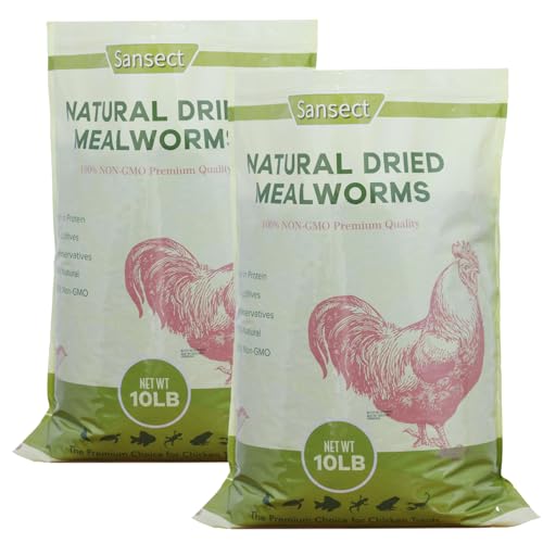 SANSECT 20LB Dried Mealworms for Chickens, Ducks, Wild Birds, Reptile Food | High Protein Treats, 100% Natural, Non-GMO Mealworms for Chickens, Ducks, Turtles and Reptiles and Laying Hens - size: 10 Pound (Pack of 2)