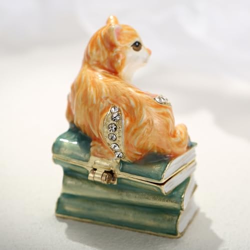Hand Painted Enameled Cute Cat Trinket Box, Hinged Unique Mini Ring Necklace Jewelry Organizer, Classical Bejeweled Storage, Figurine Collectible Keepsake Home Decor (Cat on Book) - color: Cat on Book