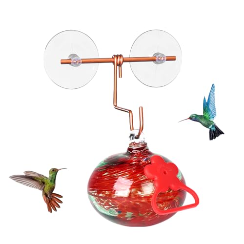 Pozfun Window Hummingbird Feeder with Suction Cups,Hand-Blown Glass Hummingbird Feeders for Outdoors Window Mounted with Metal Hook,Close Bird Watching,Finch in Garden,Yard(Red) - color: Red