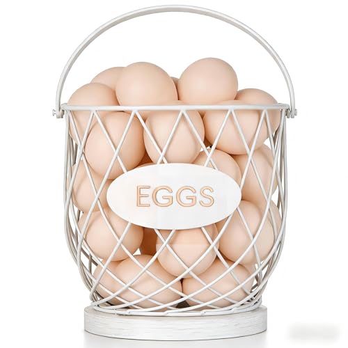 Chicken Egg Basket for Gathering Fresh Eggs, Wire Egg Collecting Basket | Metal Handle, Wooden Base, Round Egg Holder Countertop, Vintage Farmhouse Kitchen Decor, Fruit Storage, White - color: White
