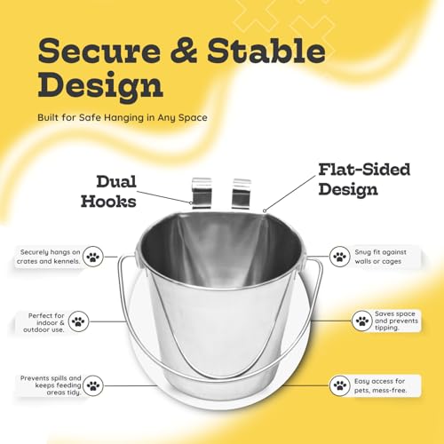 2 Quart Stainless Steel Flat Sided Bucket with Dual Hooks | 4 Pcs Durable Food & Water Bowl for Dog Cats Bird & Small Animals | Fits kennel Cage Crates Hanging Pet Pail | Multipurpose use - size: 2 Quart (Pack of 4)