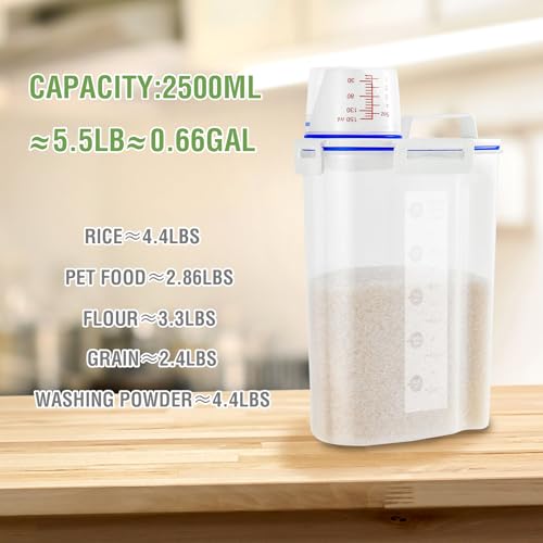4 Pcs Set Rice Storage Container 5.5lb, Rice Dispenser with Measuring Cup & Pour Spout for Flour Pasta Grain Pet Dog Cat Bird Food Storage Container - color: Blue-4