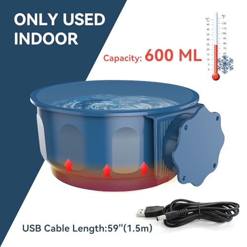 Indoor Pet Small Heated Water Bowl, Cat Thermal Bowl in Winter, 600ML Hanging Heated Water Bowl for Rabbit Cage Dog Crate, Indoor USB Portable Warm Dish for Dogs Cats Rabbits Birds, Blue - size: 600ML(Blue)