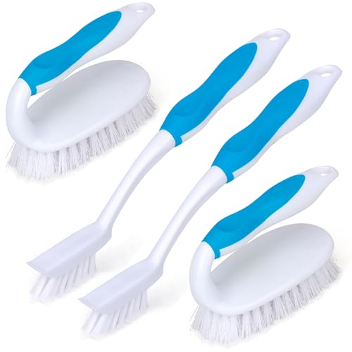 Scrub Brush Set, 4 Pack Deep Cleaning Brush Kit, Blue | 2 Scrub Brush, 2 Tile & Grout Brush with Built-in Scraper, Household Commercial Scrubber for Floor, Shower, Pool Wall, Tub - color: Blue