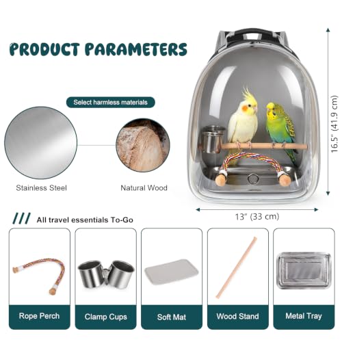 Bird Traval Carrier Cage, Multi Vent Holes Clear Space Capsule Astronaut Backpack to Carry Parakeet Cockatiel Parrot with Metal Tray Wood Perch, Vet Transport Book Bag - color: Black