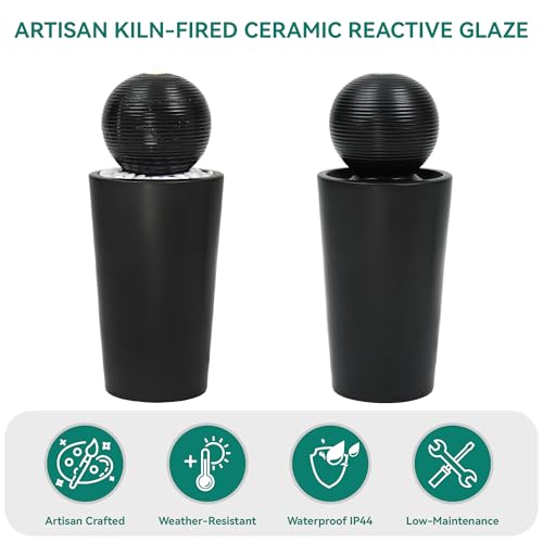 Autodaya 30"H Ceramic Sphere Water Fountain with LED Light for Garden Patio | Modern Minimalist Design, Black Glaze with White Pebbles, Soothing Trickling Water Feature, Artistic Charm, Tranquil Ambiance - color: 30"h Black