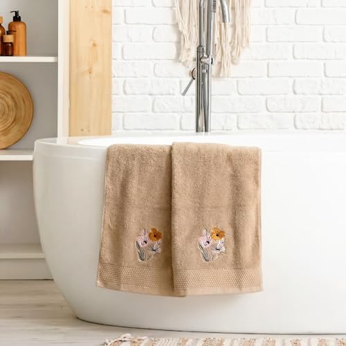 SmoothNovelty 2 Pcs Neutral Boho Floral Hand Towels for Bathroom 14x29 Inch | Embroidered Boho Flower Bathroom Hand Towels, 100% Cotton, Soft Absorbent, Spring Summer Khaki Bathroom Kitchen Decor - style: Neutral Boho Floral