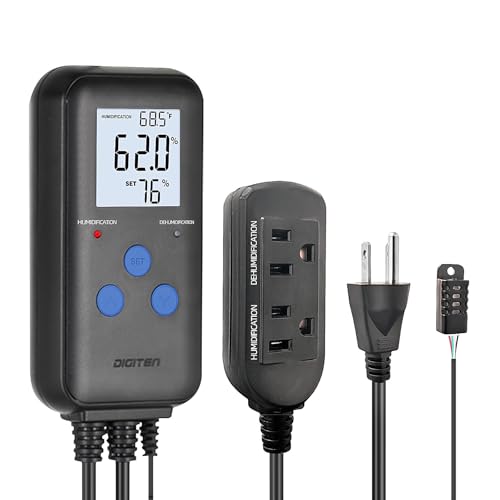 DIGITEN Humidity Controller with Temperature Display for Reptile, Mushroom | Pre-Wired Digital Humidistat, Dual-Stage Outlet Humidifier/Dehumidifier for Grow Tent/Greenhouse, LCD Display, Plug & Play