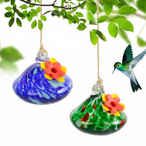2 Pcs Blown Glass Hummingbird Feeder for Outdoors Hanging, Ant & Bee Resistant Window Bird FeederHandmade Garden Decor Gift for Women - Small Water Droplet Glass Feeders Bundle - color: Droplet C2
