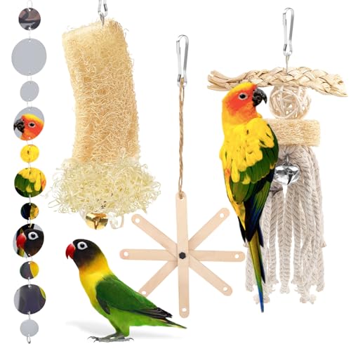 QUOZUO Small Bird Toys Paper Scraps Parakeet Cage Accessories with Bell, Rope Swing Hanging Standing Chewing Toy, Wood Bird Toys for Parakeets, Cockatiel, Parrot, 4pcs
