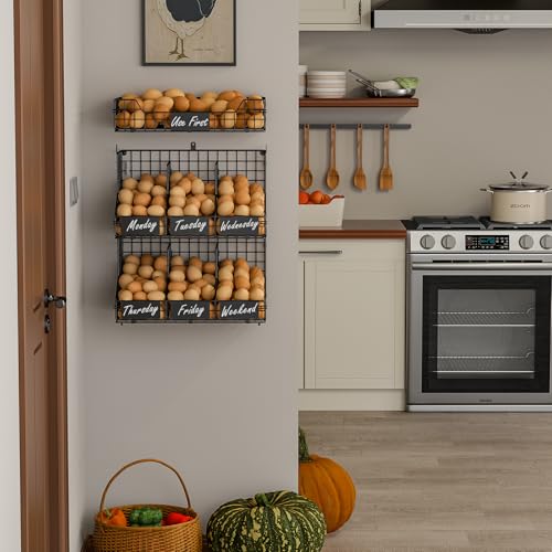 Egg Holder Countertop, 3-Tier Egg Rack, Stackable Wire Baskets | 3 iron baskets; 7 labels; 4 adjustable dividers; stackable or wall mounted - color: Black